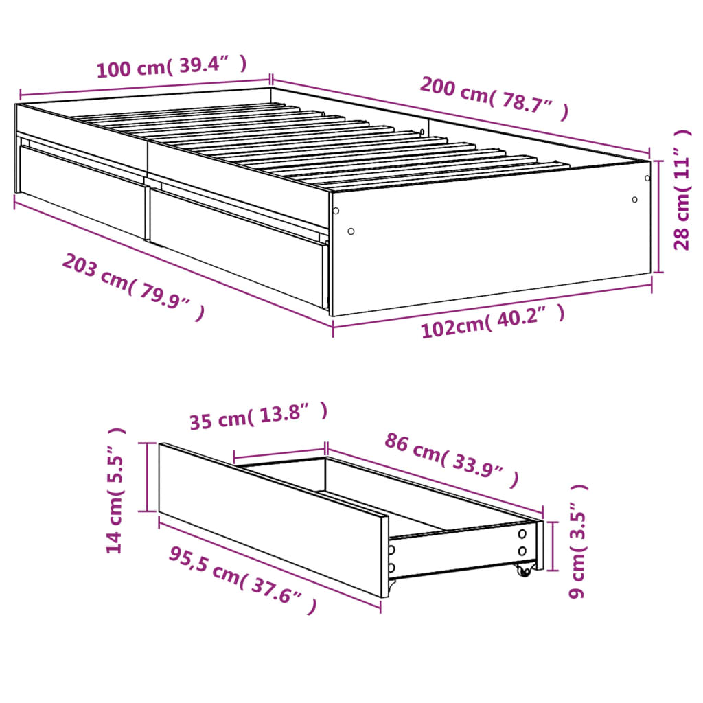 Cadre de lit avec tiroirs blanc 100x200 cm bois d'ingénierie Lits & cadres de lit vidaXL   