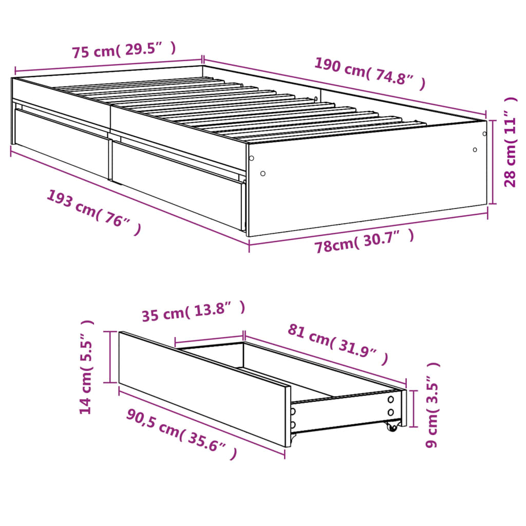 Cadre de lit et tiroirs sonoma gris 75x190cm bois d'ingénierie Lits & cadres de lit vidaXL   