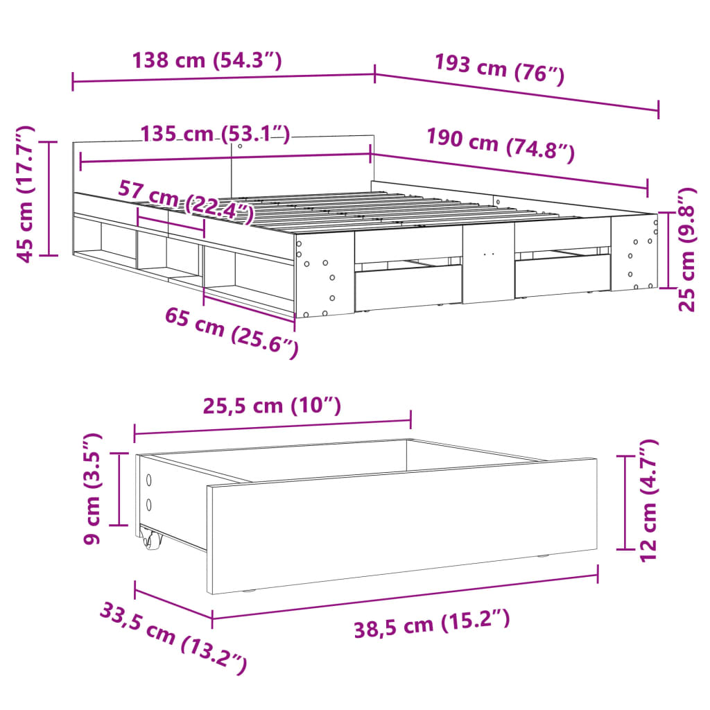 Cadre de lit avec tiroirs blanc 135x190 cm bois d'ingénierie Lits & cadres de lit vidaXL   