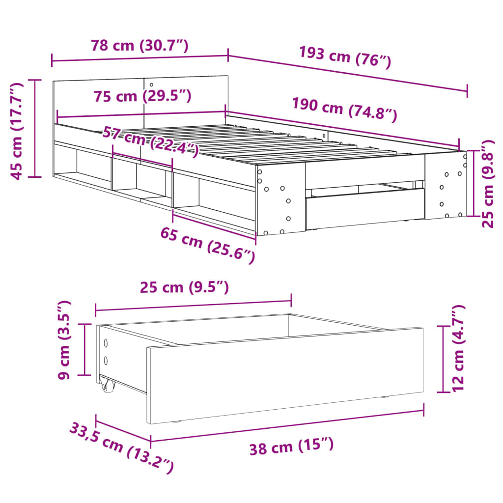 Cadre de lit et tiroir sonoma gris 75x190 cm bois d'ingénierie Lits & cadres de lit vidaXL   