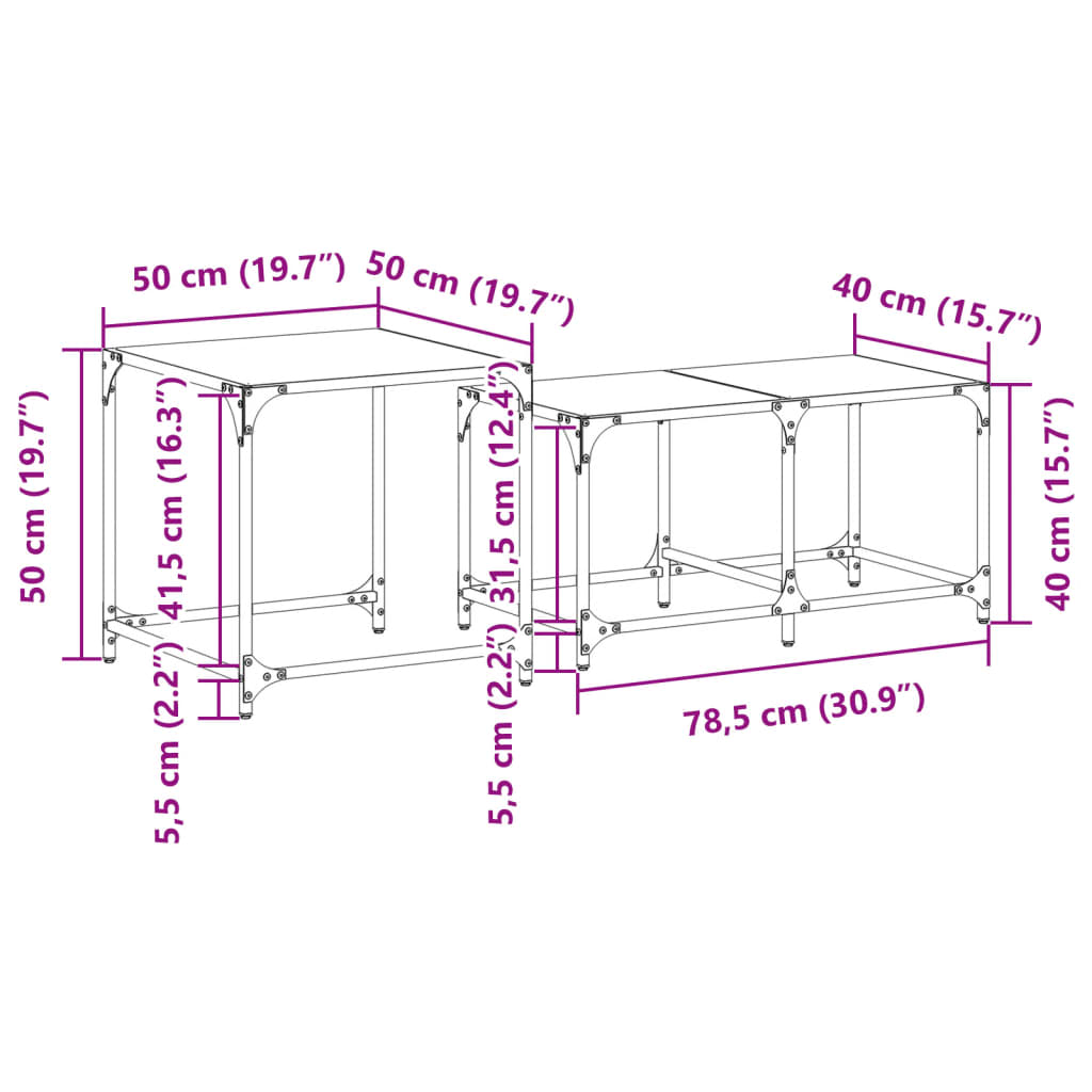 Tables basses gigognes 2 pcs dessus en verre noir acier Tables basses vidaXL   