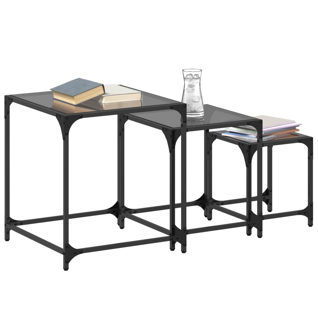 Tables basses gigognes 3 pcs dessus en verre noir acier Tables basses vidaXL   