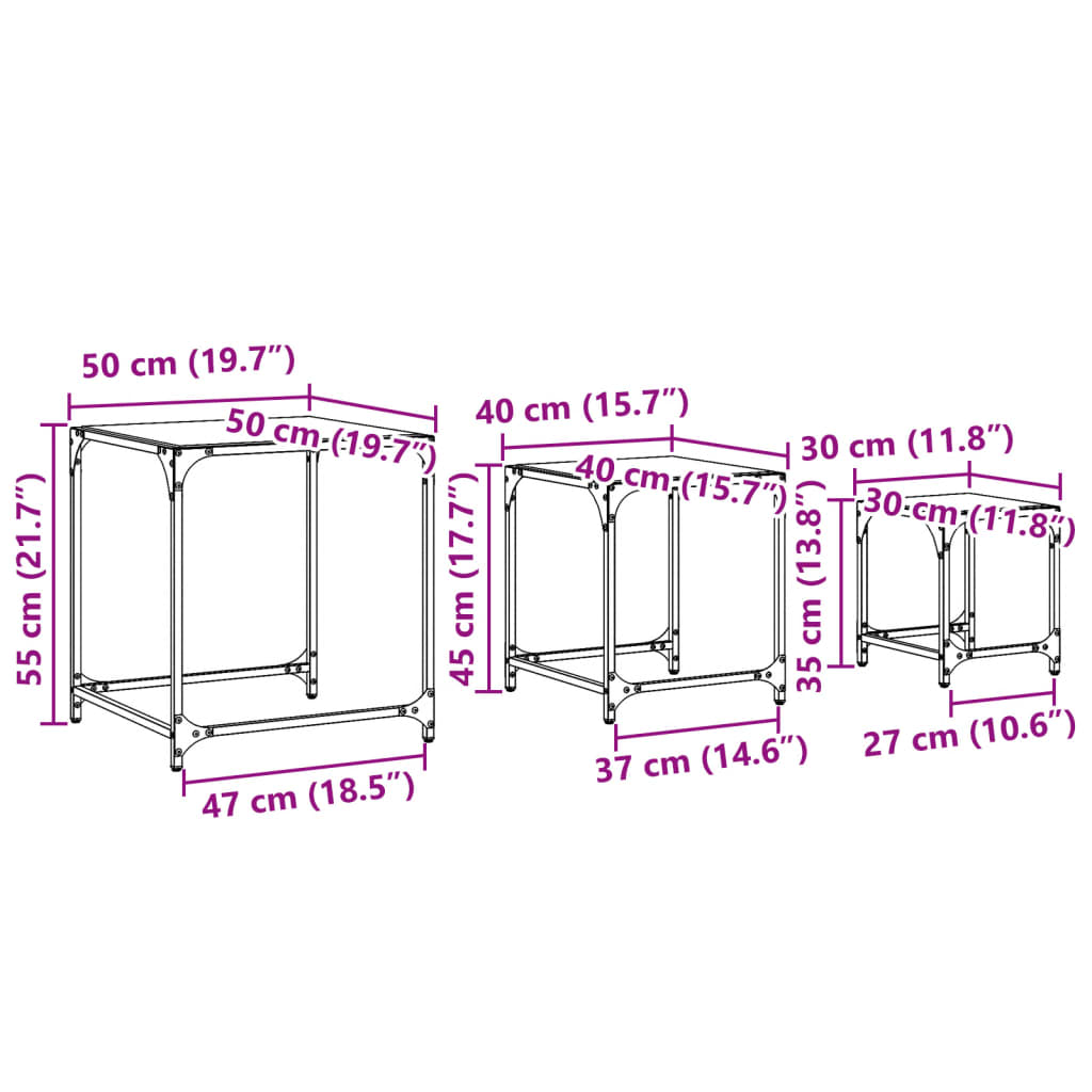 Tables basses gigognes 3 pcs dessus en verre noir acier Tables basses vidaXL   