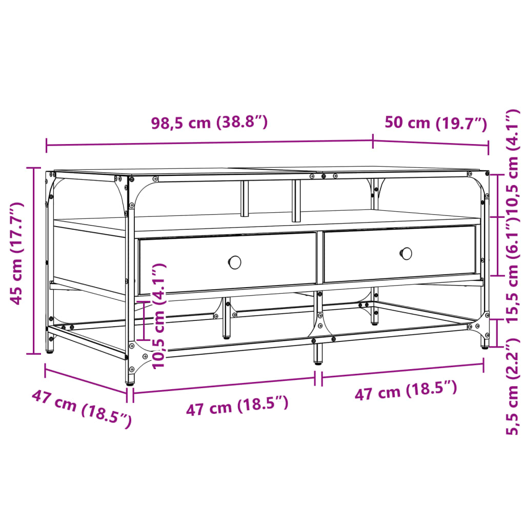 Table basse et dessus en verre chêne sonoma 98,5x50x45 cm acier Tables basses vidaXL   