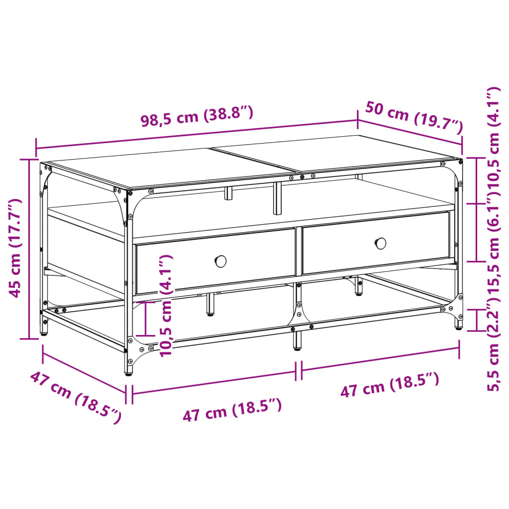 Table basse avec dessus en verre chêne fumé 98,5x50x45 cm acier Tables basses vidaXL   