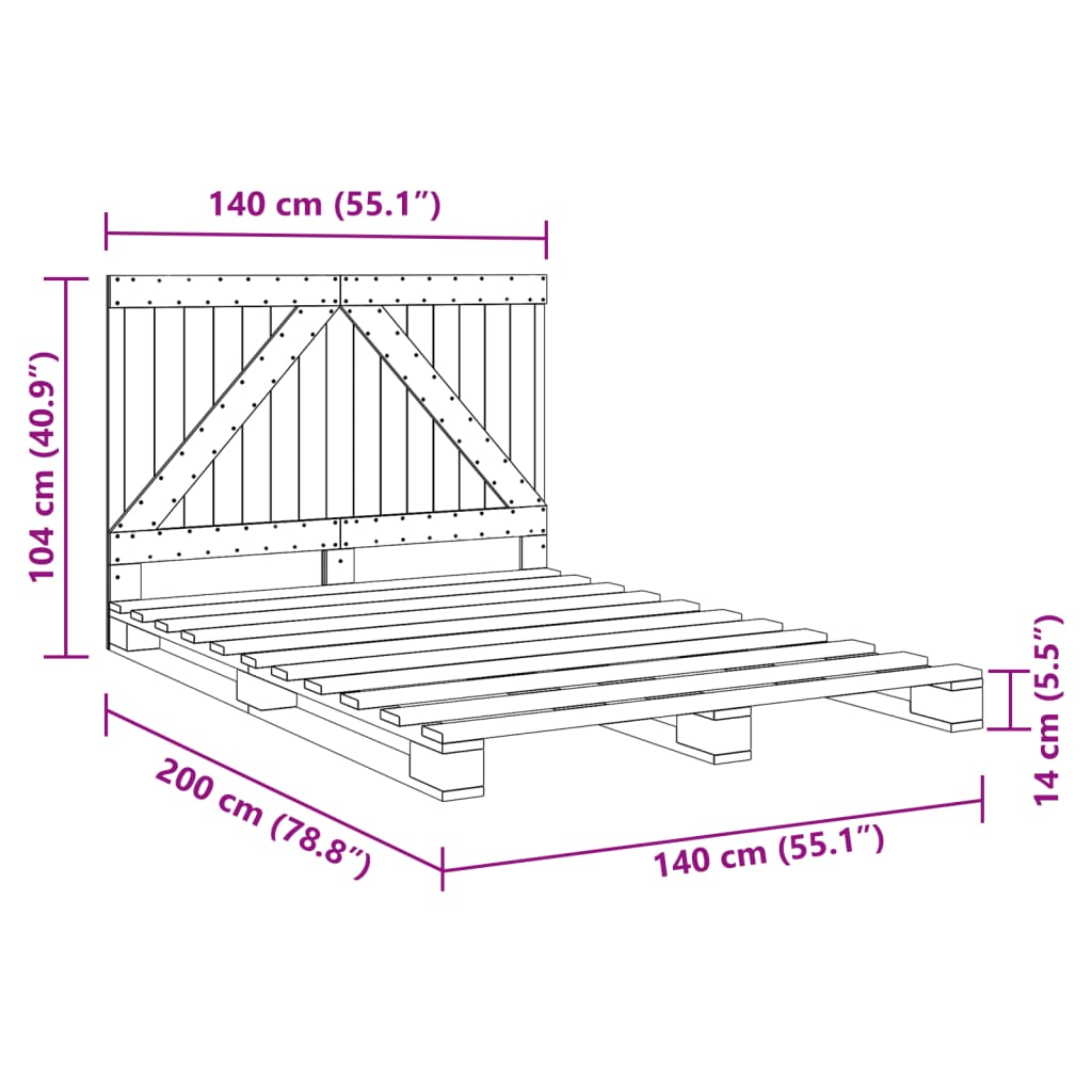 Cadre de lit avec tête de lit gris 140x200 cm bois pin massif Lits & cadres de lit vidaXL   