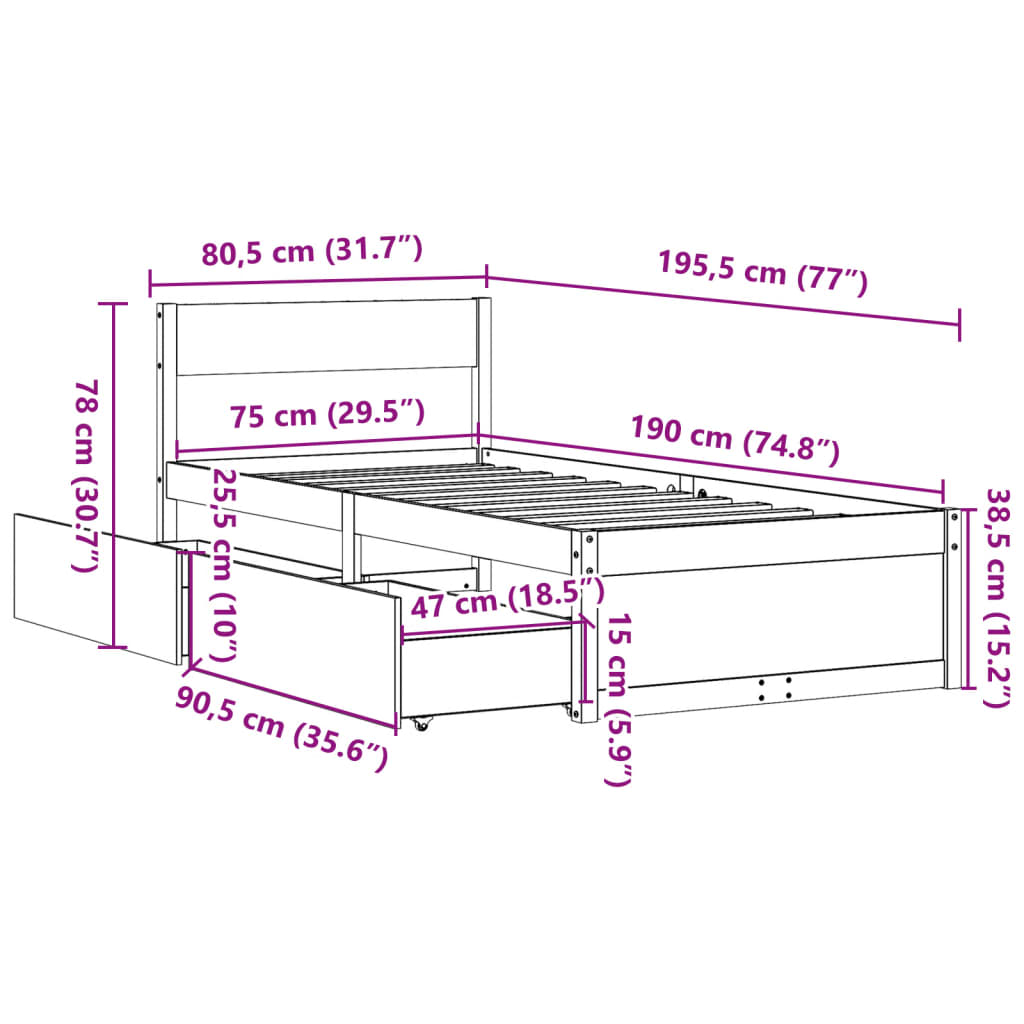 Cadre de lit avec tiroirs 75x190 cm bois de pin massif Lits & cadres de lit vidaXL   