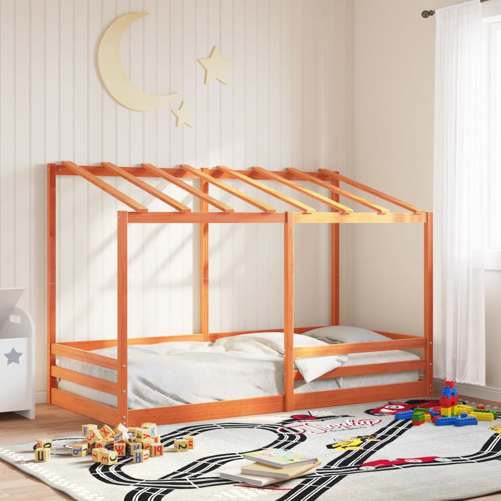 Lit pour enfants et toit cire marron 100x200 cm bois massif pin Lits & cadres de lit vidaXL   