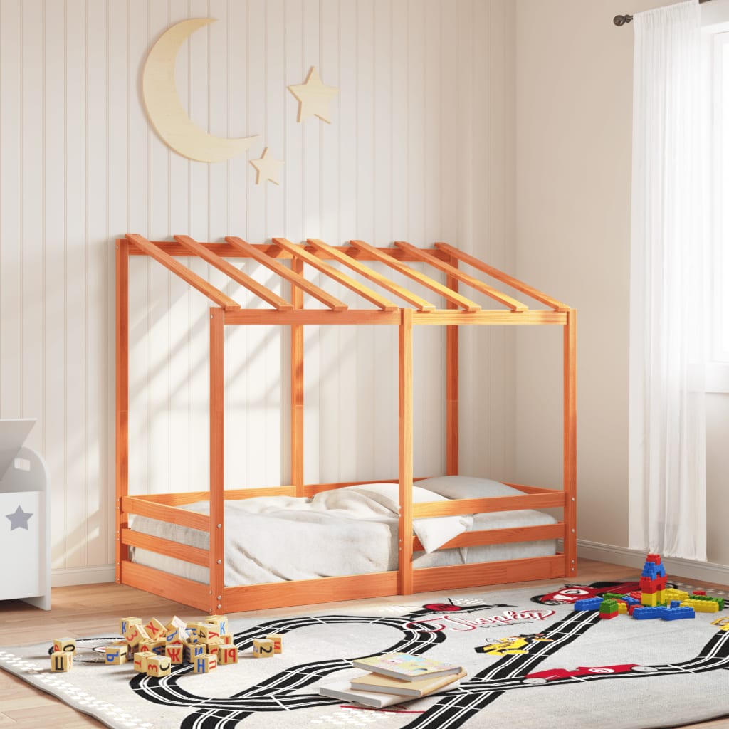 Lit pour enfants et toit cire marron 80x160 cm bois massif pin Lits & cadres de lit vidaXL   