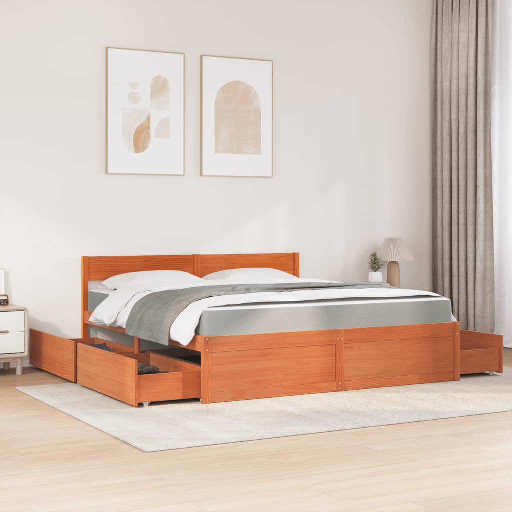 Lit avec tiroirs/matelas cire marron 180x200 cm bois massif pin Lits & cadres de lit vidaXL   