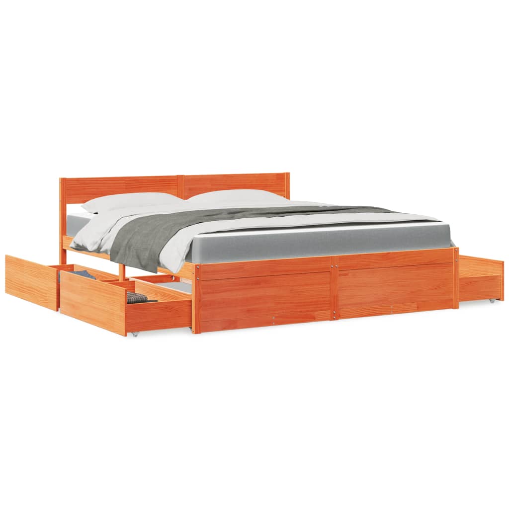 Lit avec tiroirs/matelas cire marron 180x200 cm bois massif pin Lits & cadres de lit vidaXL   