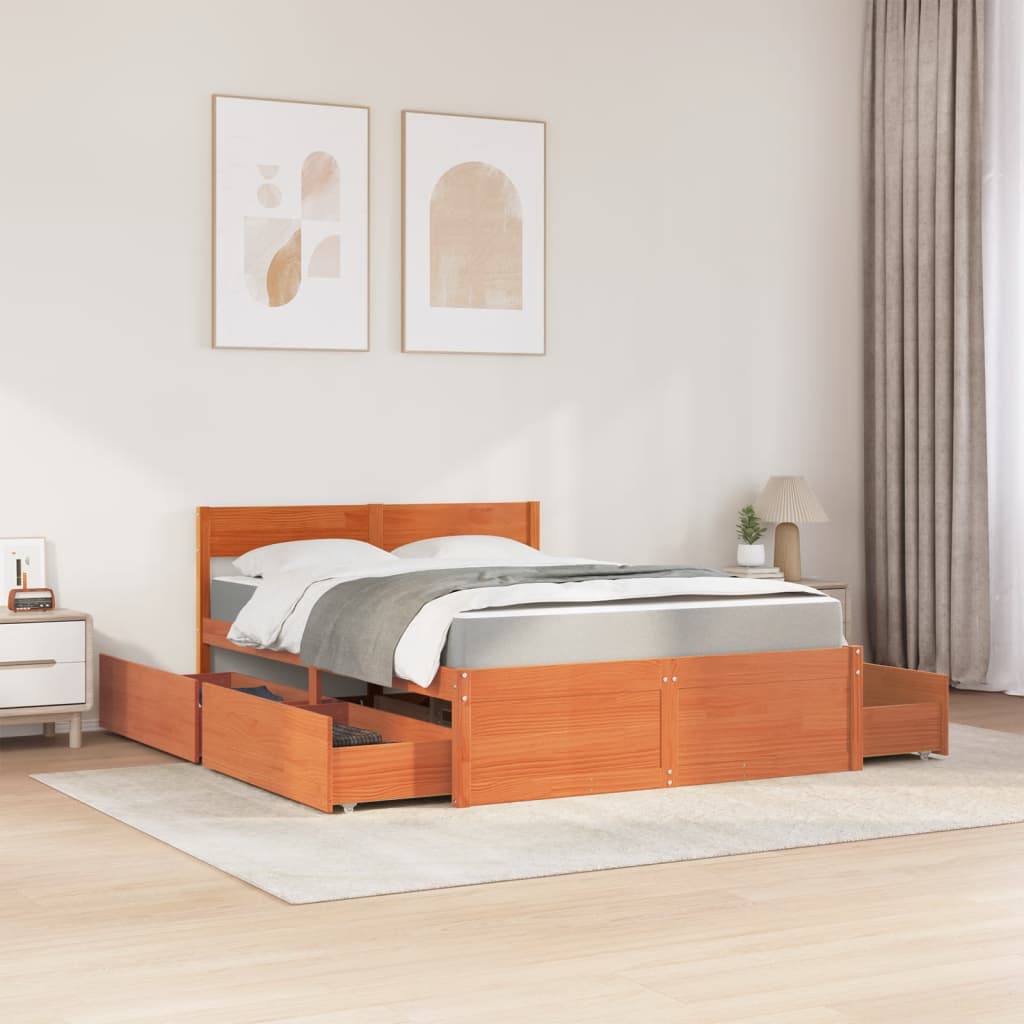 Lit avec tiroirs/matelas cire marron 120x200 cm bois massif pin Lits & cadres de lit vidaXL   