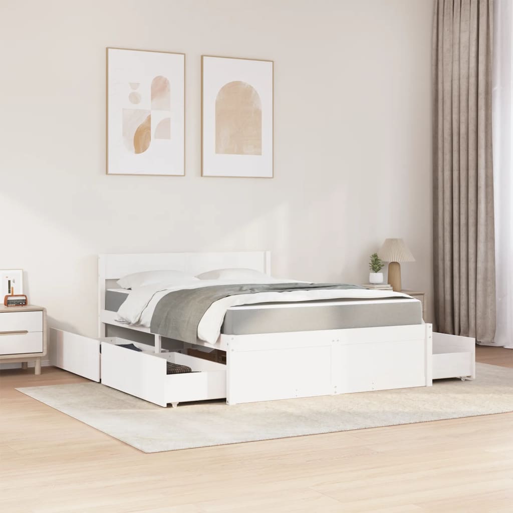 Lit avec tiroirs et matelas blanc 140x190 cm bois massif de pin Lits & cadres de lit vidaXL   