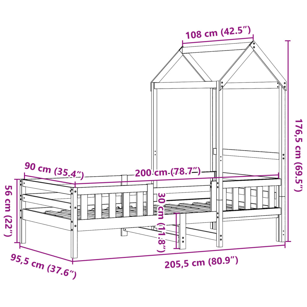 Cadre de lit avec toit 90x200 cm bois de pin massif Lits & cadres de lit vidaXL   