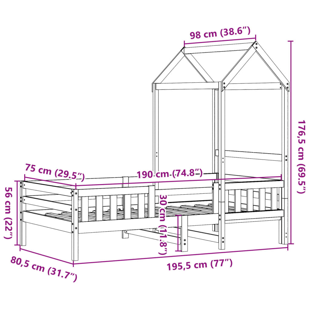 Cadre de lit avec toit cire marron 75x190 cm bois massif de pin Lits & cadres de lit vidaXL   