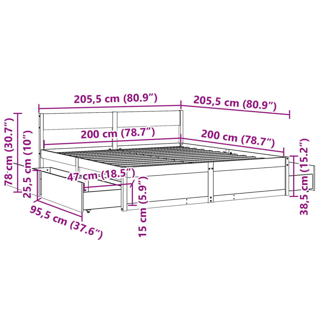 Cadre de lit avec tiroirs cire marron 200x200cm bois pin massif Lits & cadres de lit vidaXL   