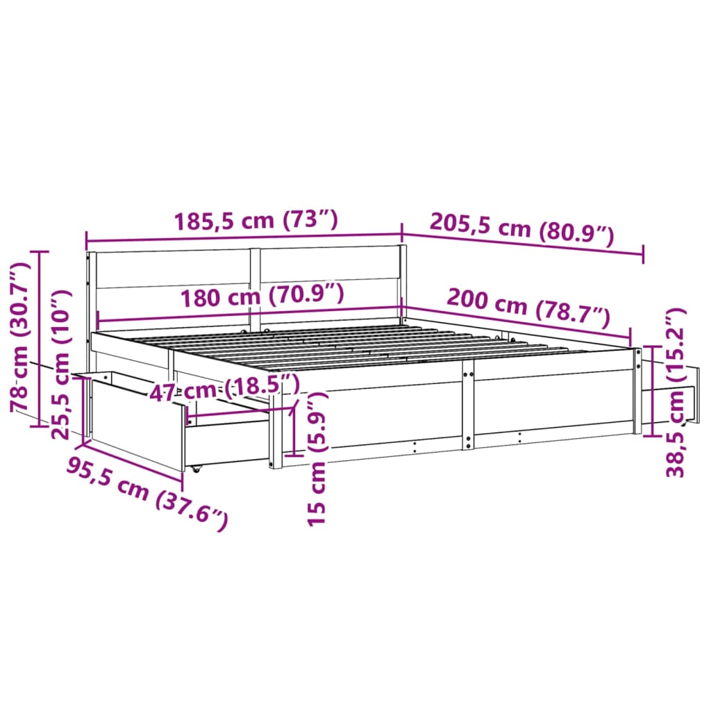 Cadre de lit avec tiroirs cire marron 180x200cm bois pin massif Lits & cadres de lit vidaXL   