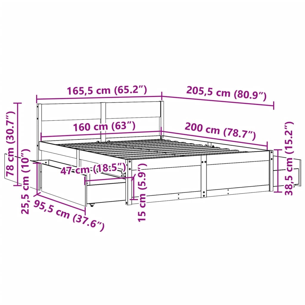 Cadre de lit avec tiroirs cire marron 160x200cm bois massif pin Lits & cadres de lit vidaXL   