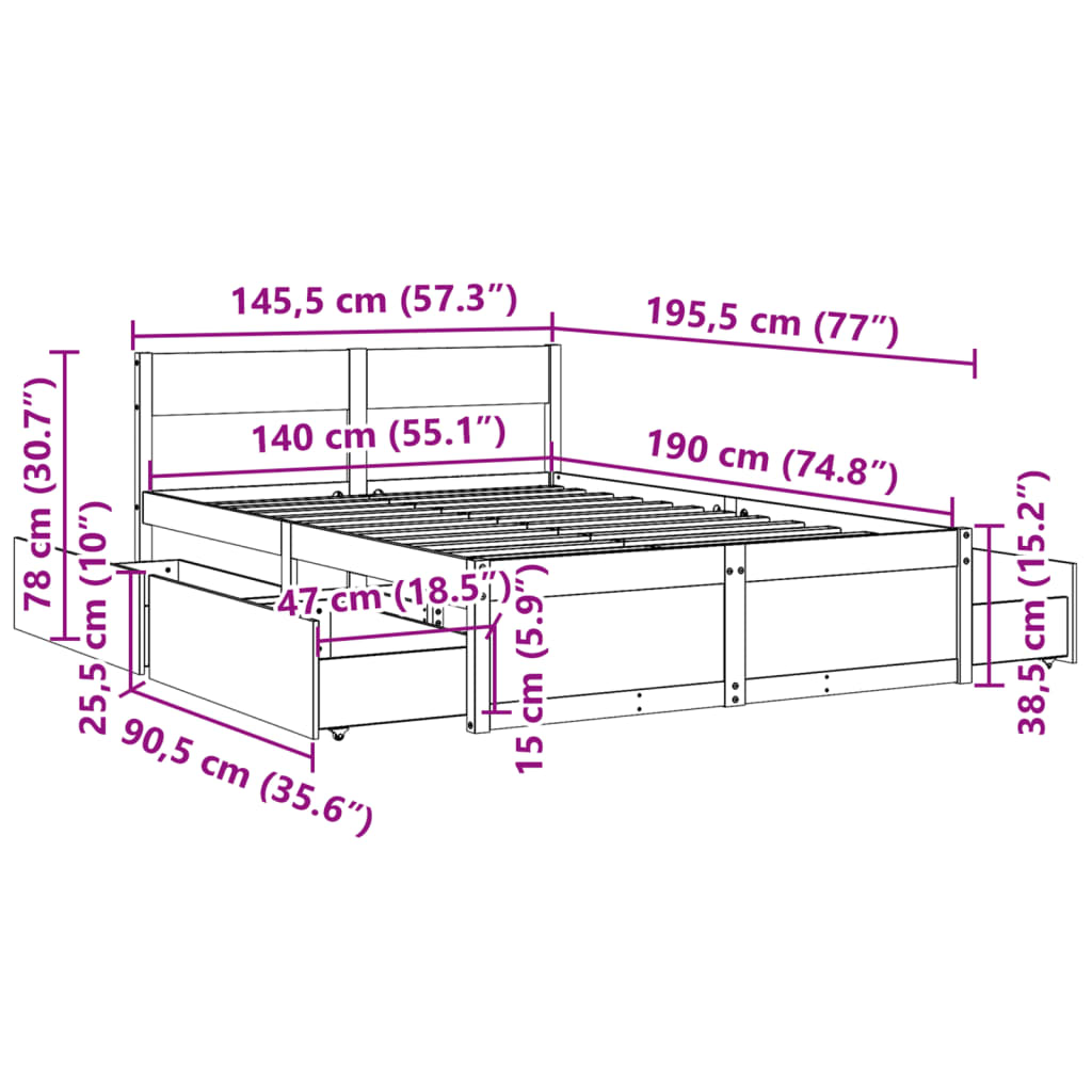 Cadre de lit avec tiroirs blanc 140x190 cm bois de pin massif Lits & cadres de lit vidaXL   