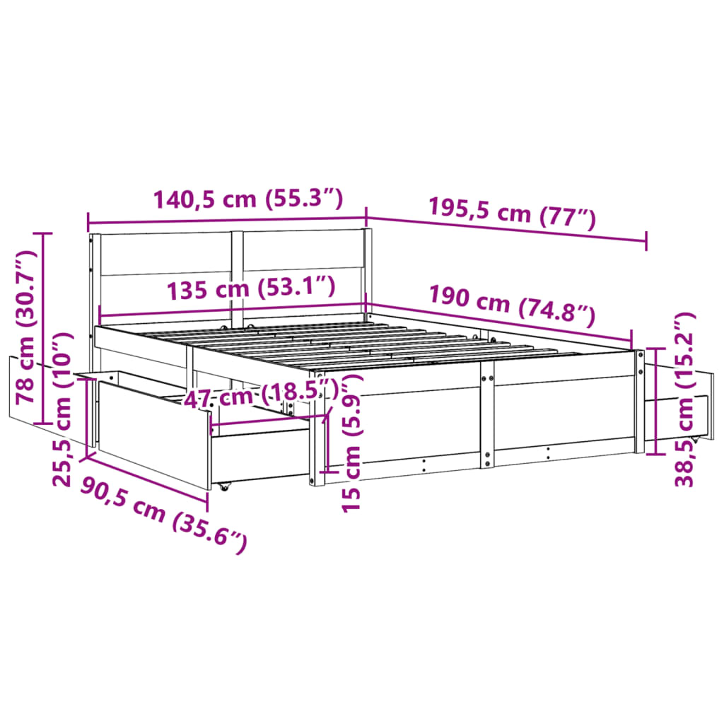 Cadre de lit avec tiroirs 135x190 cm Bois de pin massif Lits & cadres de lit vidaXL   