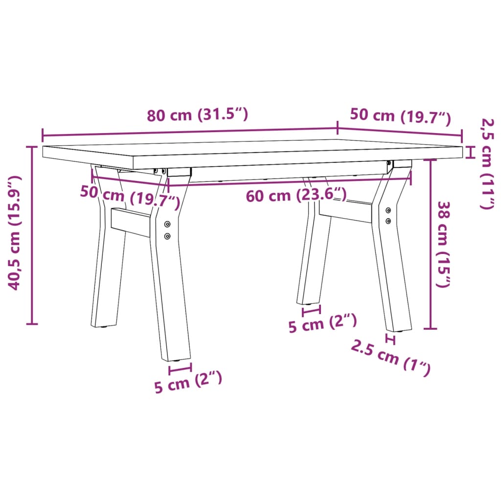 Table basse cadre en Y 80x50x40,5cm bois de pin massif et acier Tables basses vidaXL