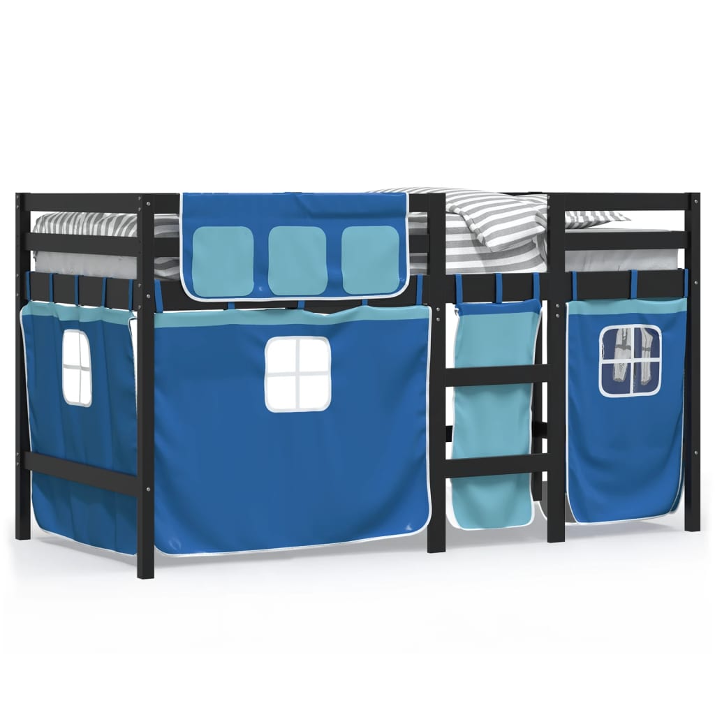 Lit mezzanine enfants et rideaux bleu 90x190cm bois pin massif Lits & cadres de lit vidaXL   