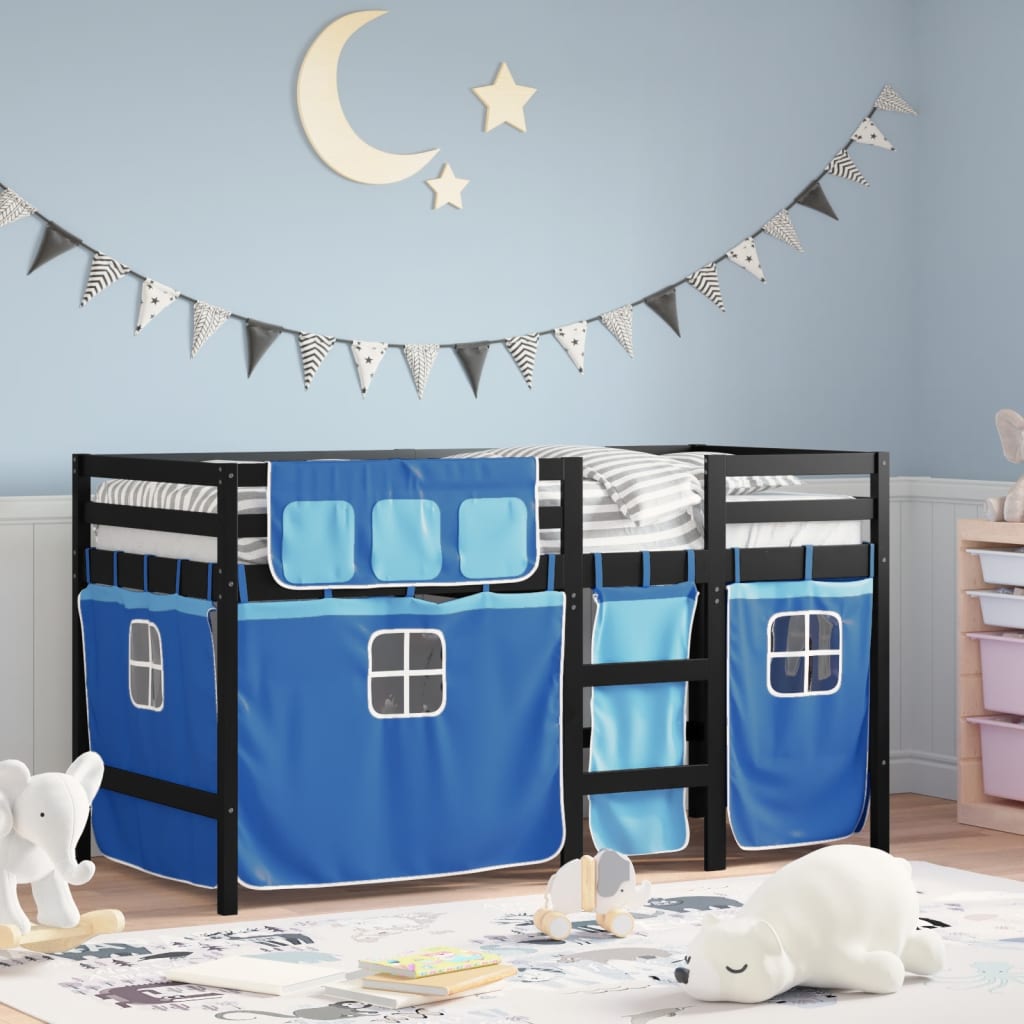 Lit mezzanine enfants et rideaux bleu 90x190cm bois pin massif Lits & cadres de lit vidaXL   