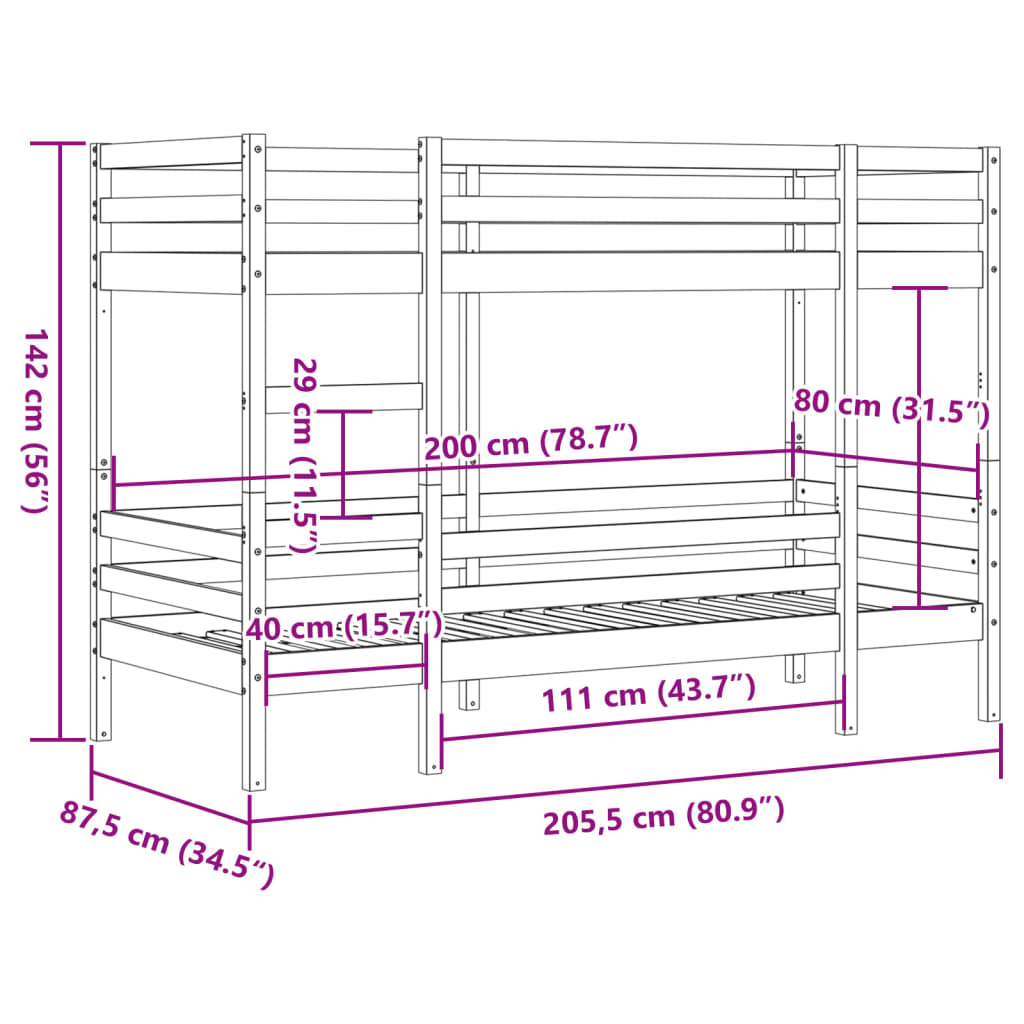 Lit superposé cire marron 80x200 cm bois de pin massif Lits & cadres de lit vidaXL   