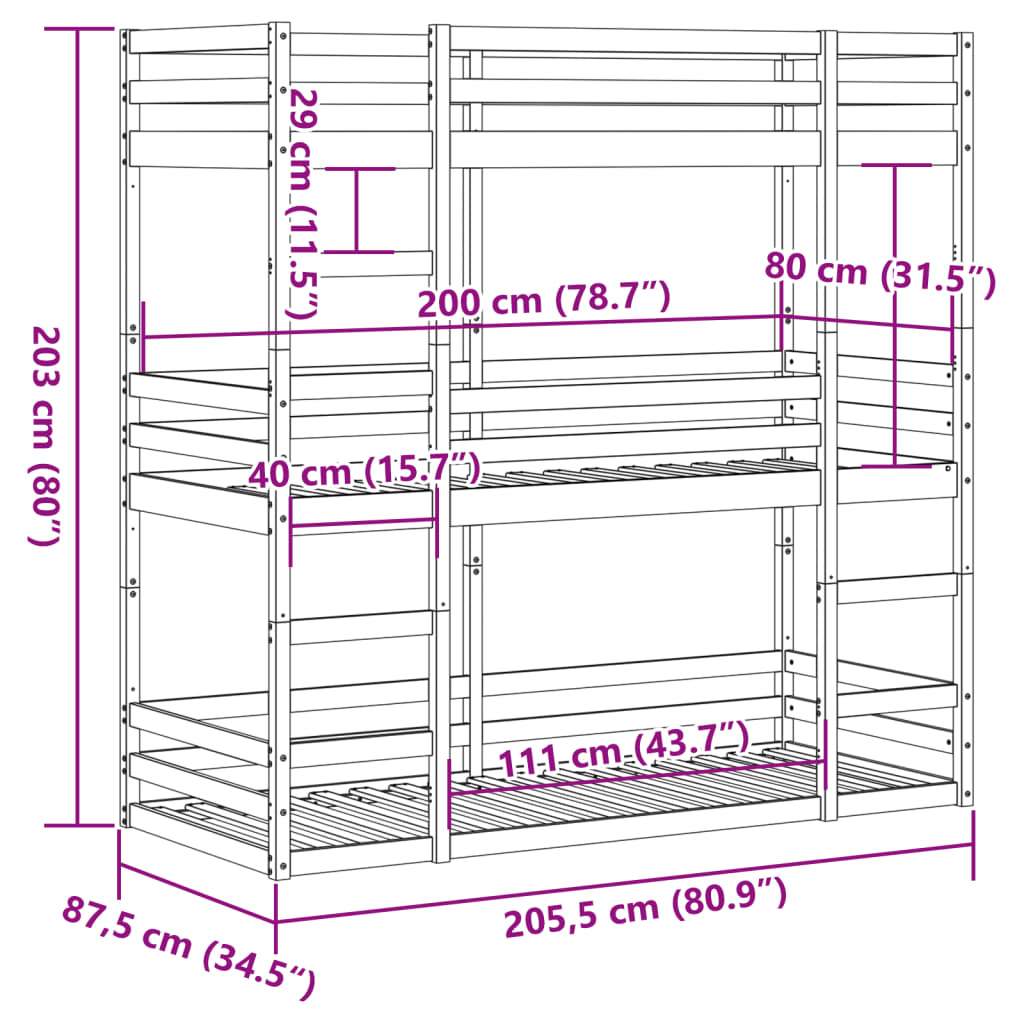 Lit superposé triple marron cire 80x200 cm bois de pin massif Lits & cadres de lit vidaXL   