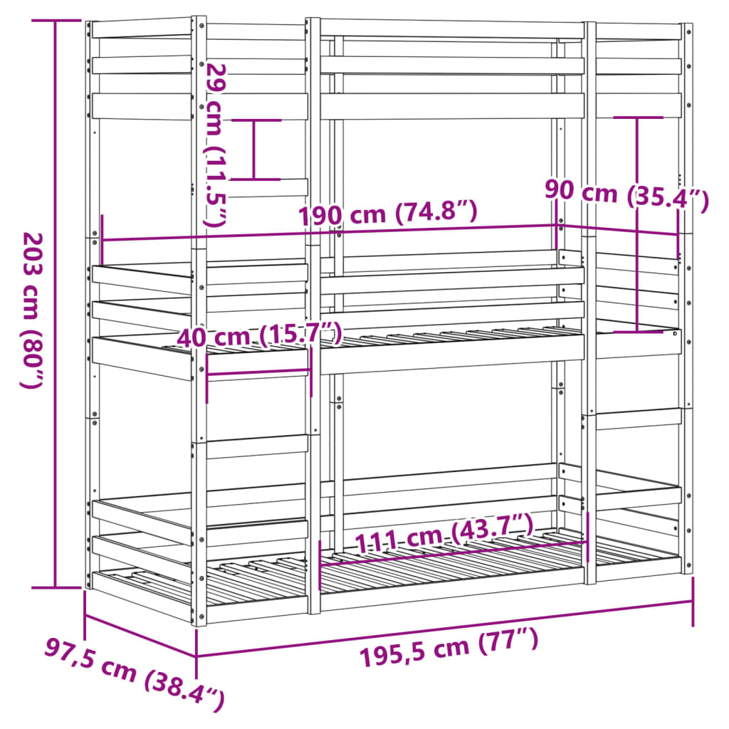 Lit superposé triple marron cire 90x190 cm bois de pin massif Lits & cadres de lit vidaXL   