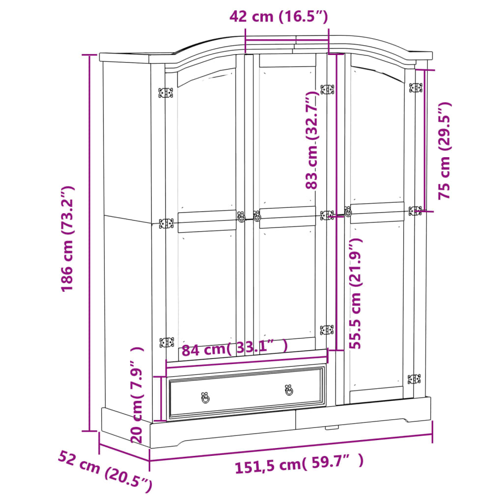 Garde-robe Corona 151,5x52x186 cm bois de pin massif Armoires vidaXL   