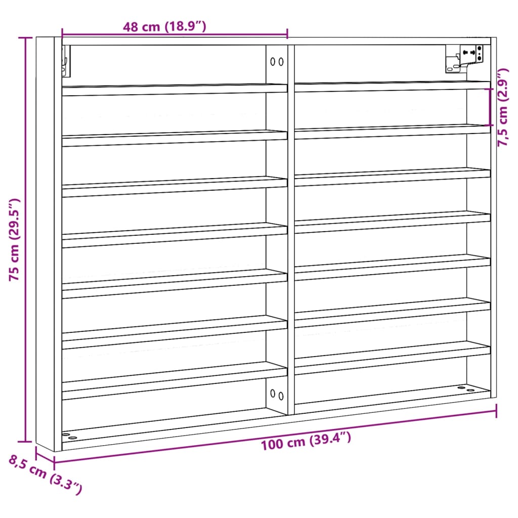 Armoire à vitrine sonoma gris 100x8,5x75 cm bois d'ingénierie Étagères murales & corniches vidaXL   