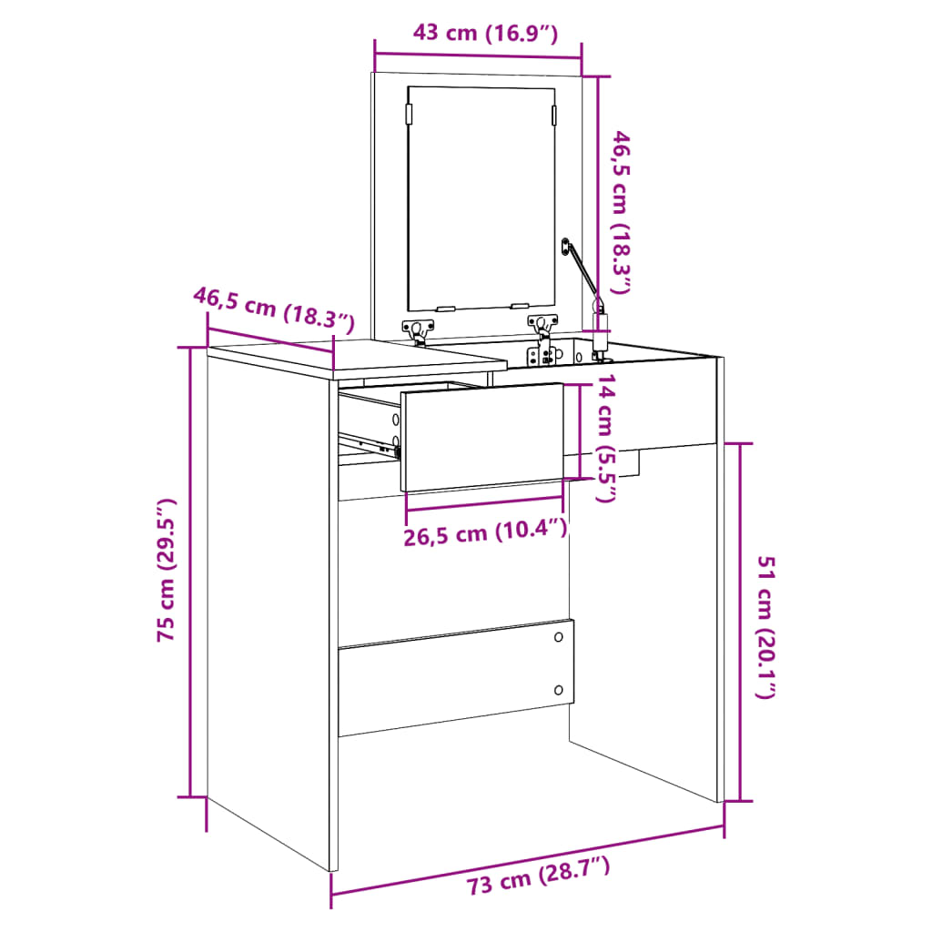 Coiffeuse avec miroir chêne fumé 73x46,5x120 cm Coiffeuses vidaXL   