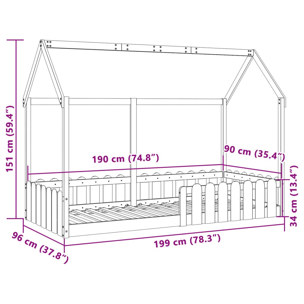 Cadre de lit d'enfants forme de maison 90x190cm bois massif pin Lits & cadres de lit vidaXL   