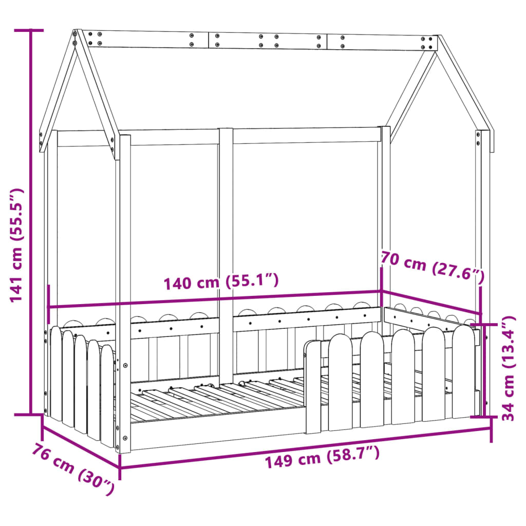 Cadre de lit d'enfants forme de maison 70x140cm bois pin massif Lits & cadres de lit vidaXL   