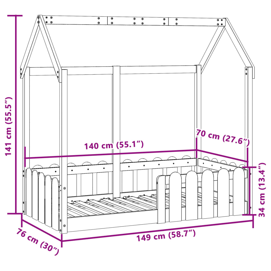 Cadre de lit d'enfants forme de maison 70x140cm bois pin massif Lits & cadres de lit vidaXL   