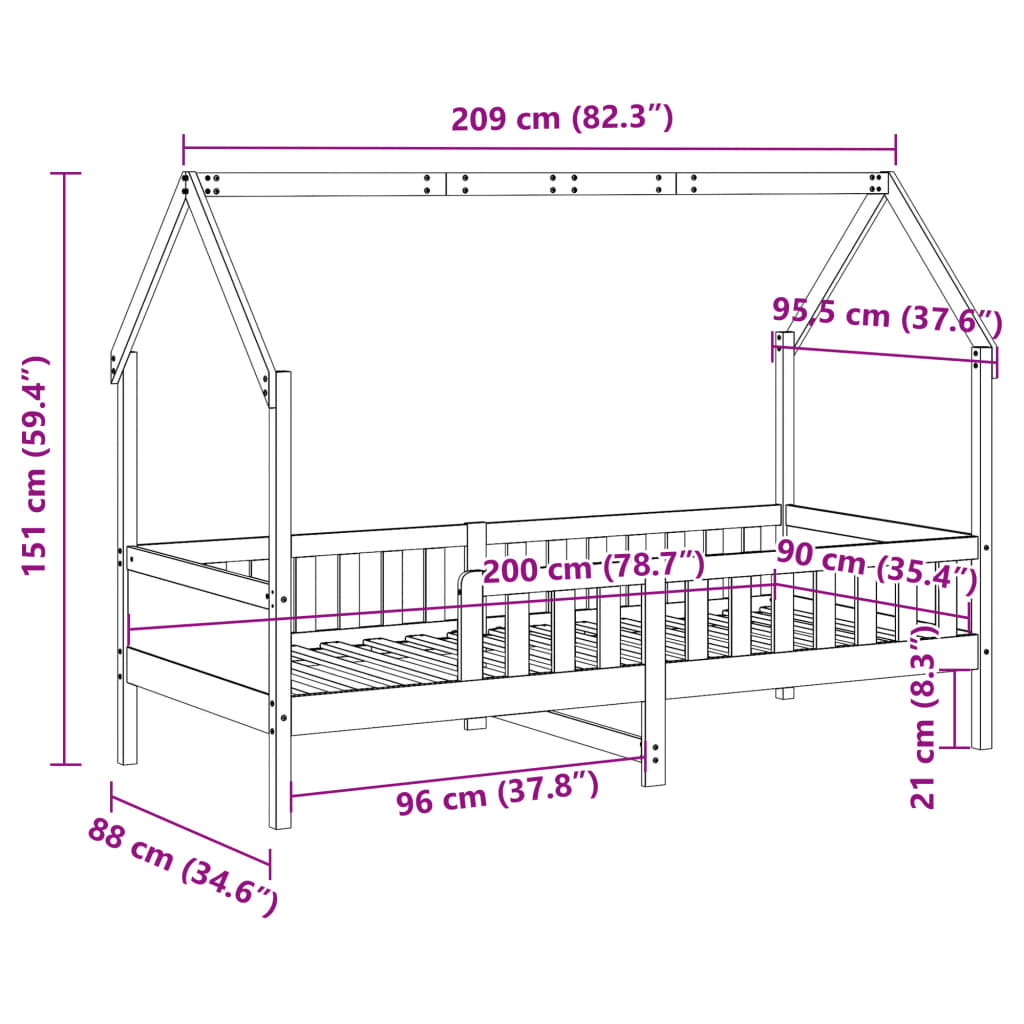 Cadre de lit d'enfants forme de maison 90x200cm bois massif pin Lits & cadres de lit vidaXL   