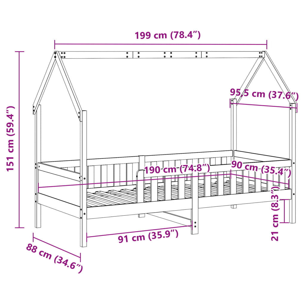 Cadre de lit d'enfants forme de maison 90x190cm bois massif pin Lits & cadres de lit vidaXL   