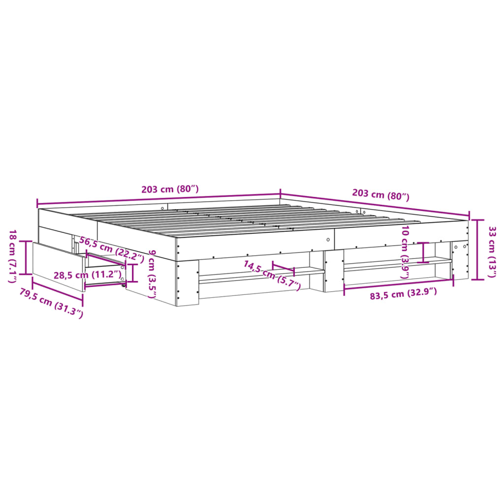 Cadre de lit sonoma gris 200x200 cm bois d'ingénierie Lits & cadres de lit vidaXL   