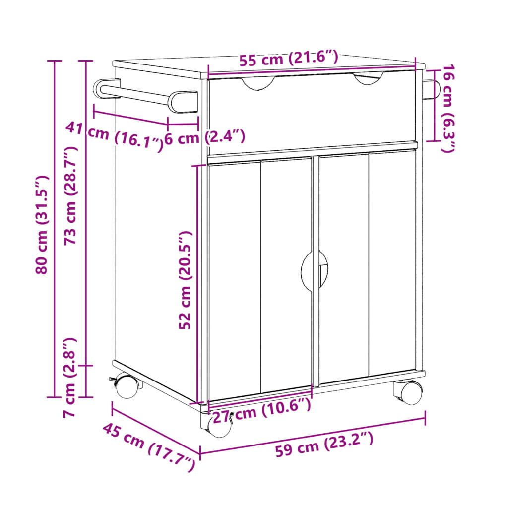 Chariot de cuisine OTTA 71x45x80 cm bois massif de pin Dessertes vidaXL   