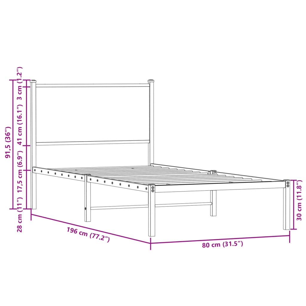 Cadre de lit en métal avec tête de lit chêne fumé 75x190 cm Lits & cadres de lit vidaXL   