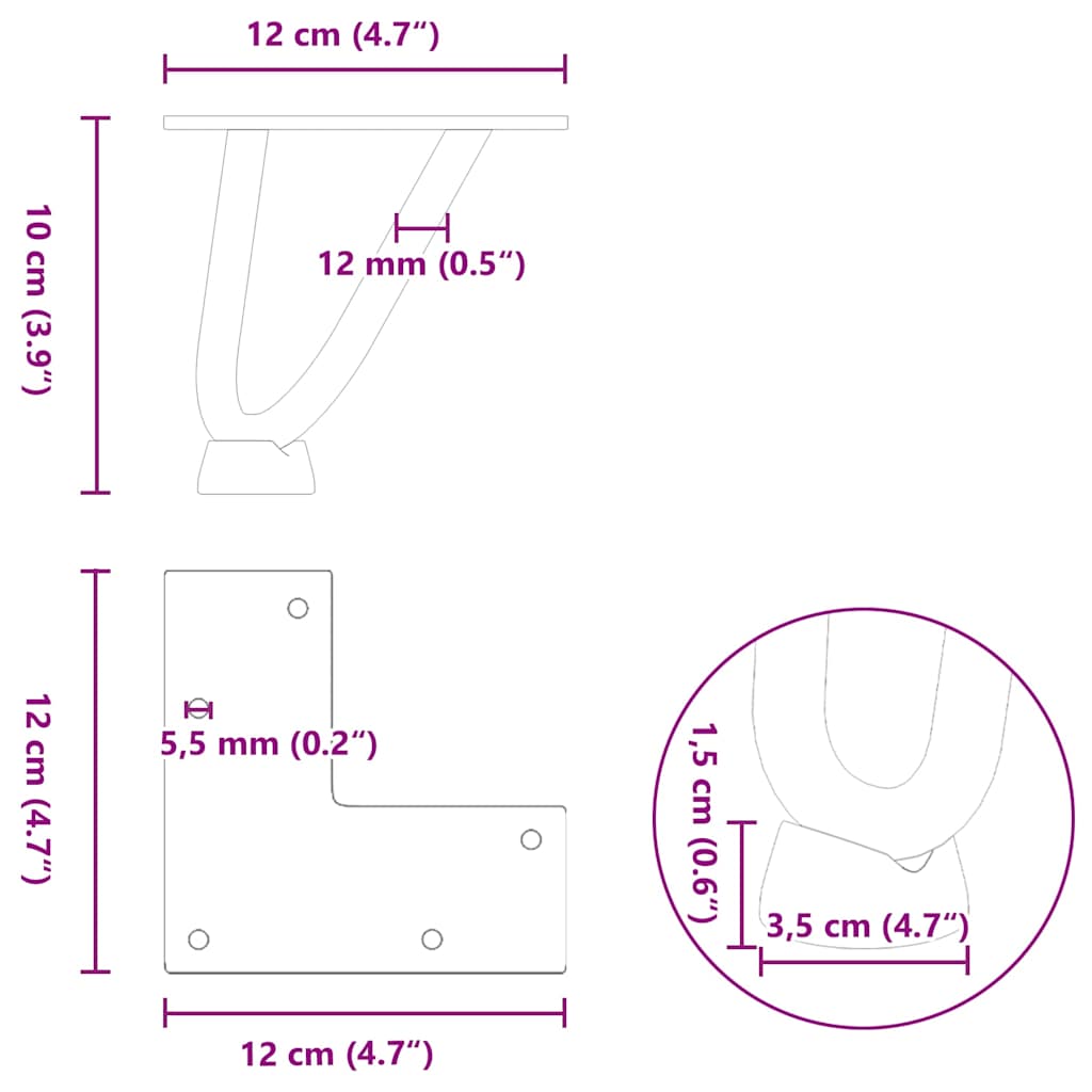 Pieds de table en forme d'épingle à cheveux 10 cm acier massif Pieds de table vidaXL