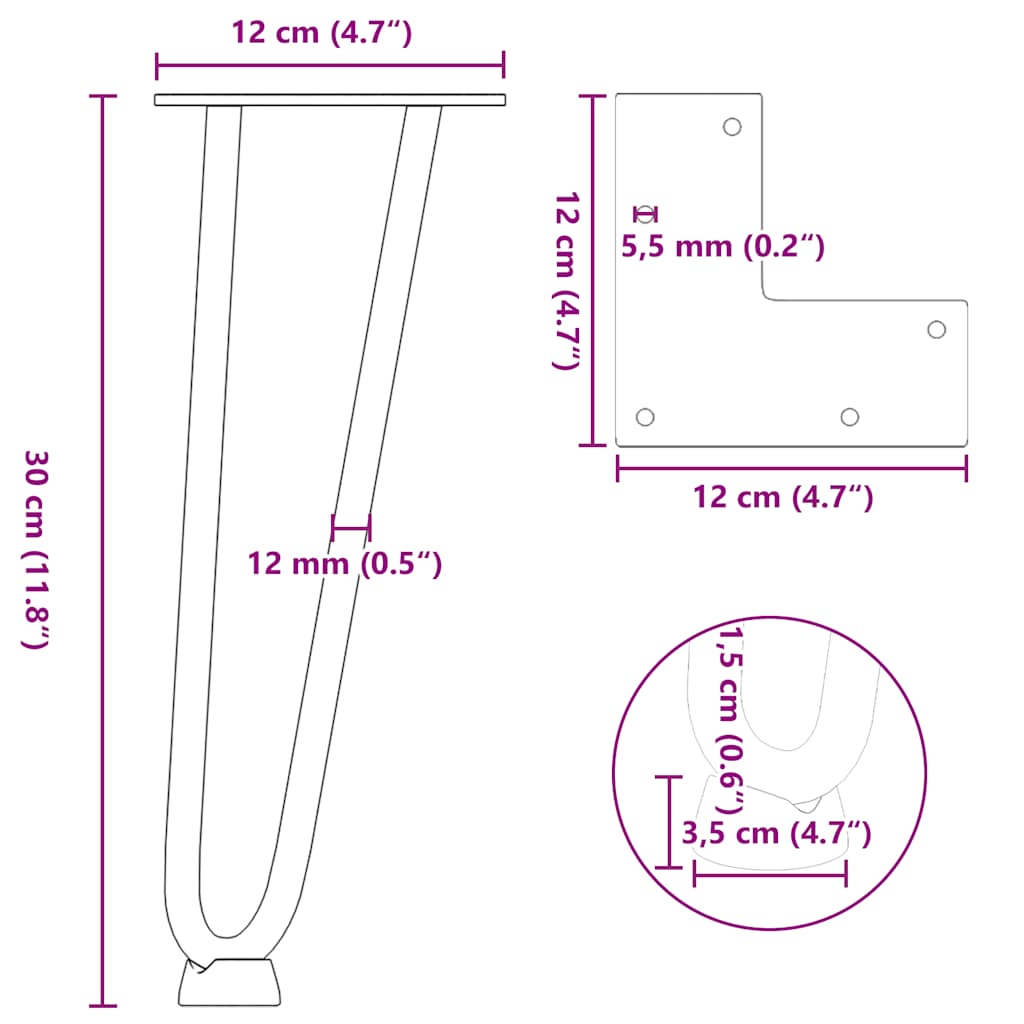 Pieds de table en forme d'épingle à cheveux 30 cm acier massif Pieds de table vidaXL