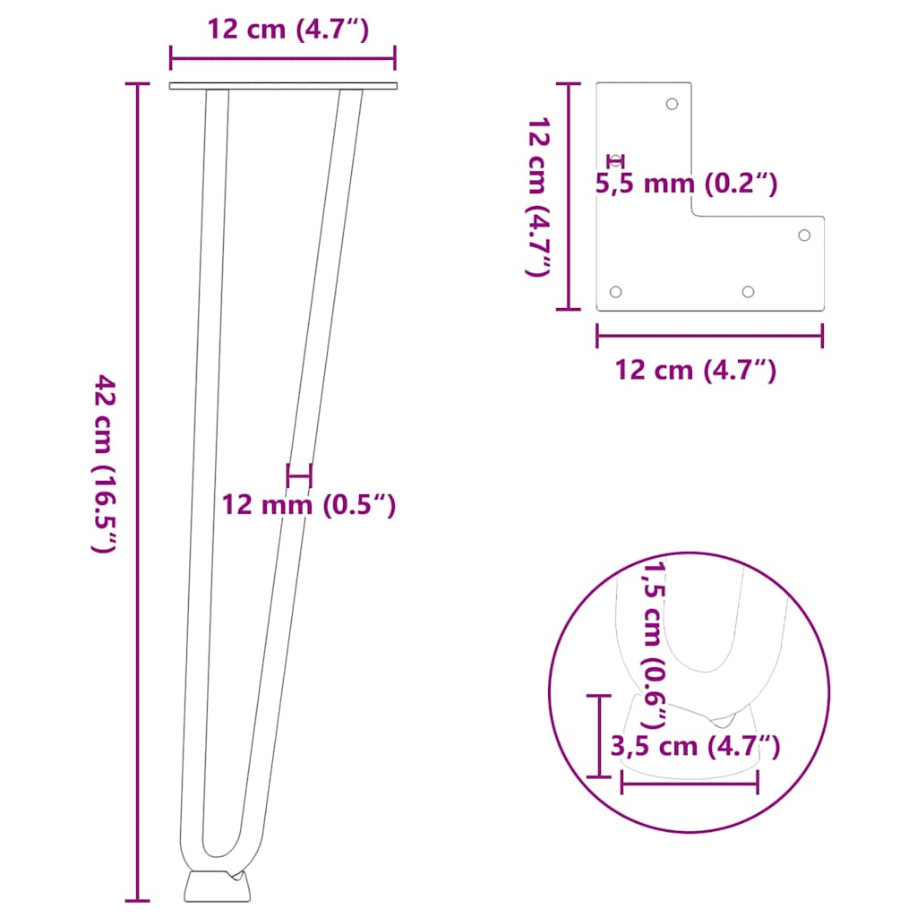 Pieds de table en forme d'épingle à cheveux 42 cm acier massif Pieds de table vidaXL