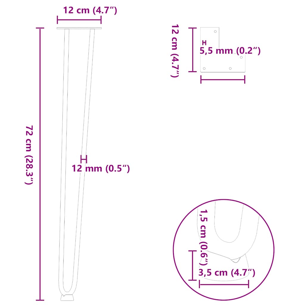 Pieds de table en forme d'épingle à cheveux 72 cm acier massif Pieds de table vidaXL