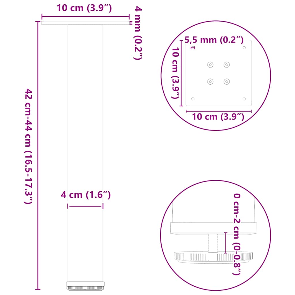 Pieds de table basse acier naturel 4 pcs 42-44 cm acier Pieds de table vidaXL