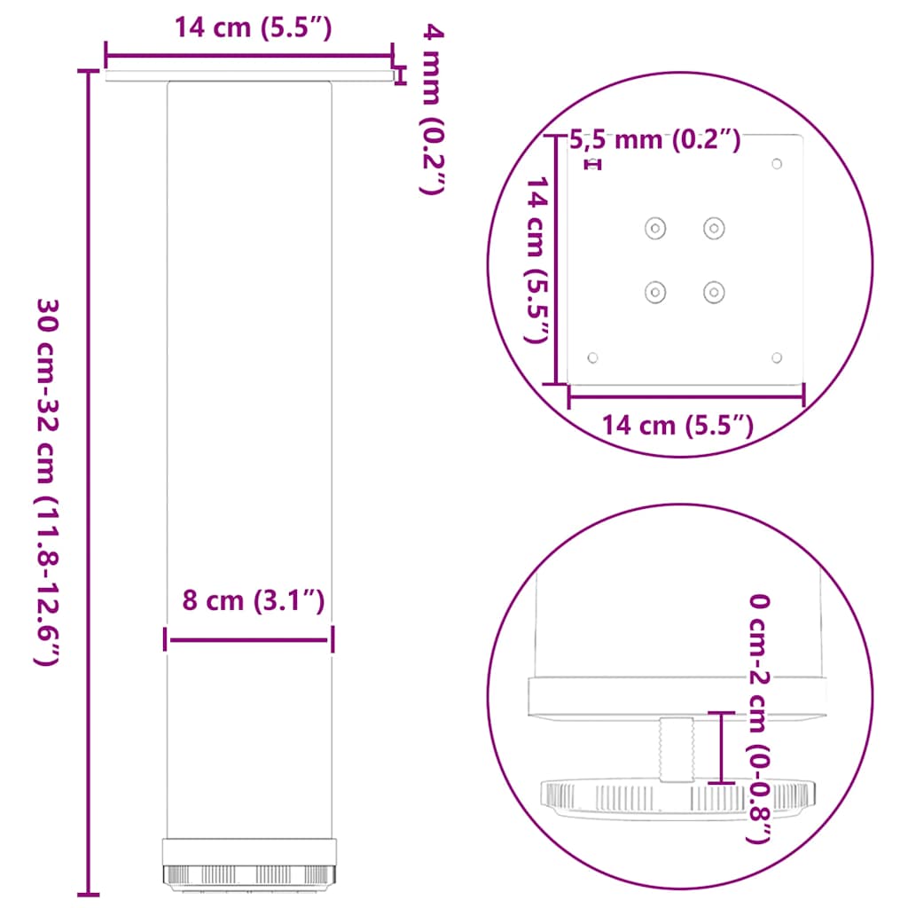 Pieds de table basse acier naturel 4 pcs 30-32 cm acier Pieds de table vidaXL