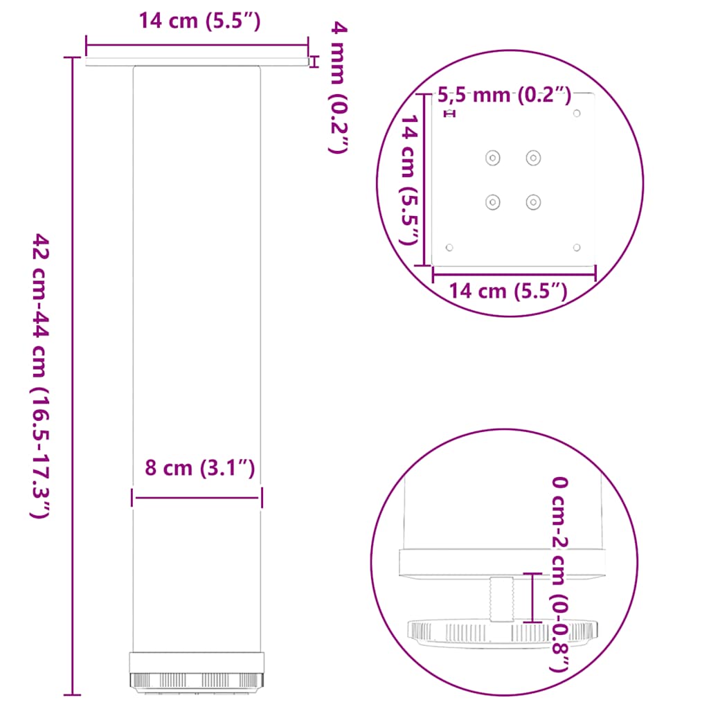 Pieds de table basse acier naturel 4 pcs 42-44 cm acier Pieds de table vidaXL