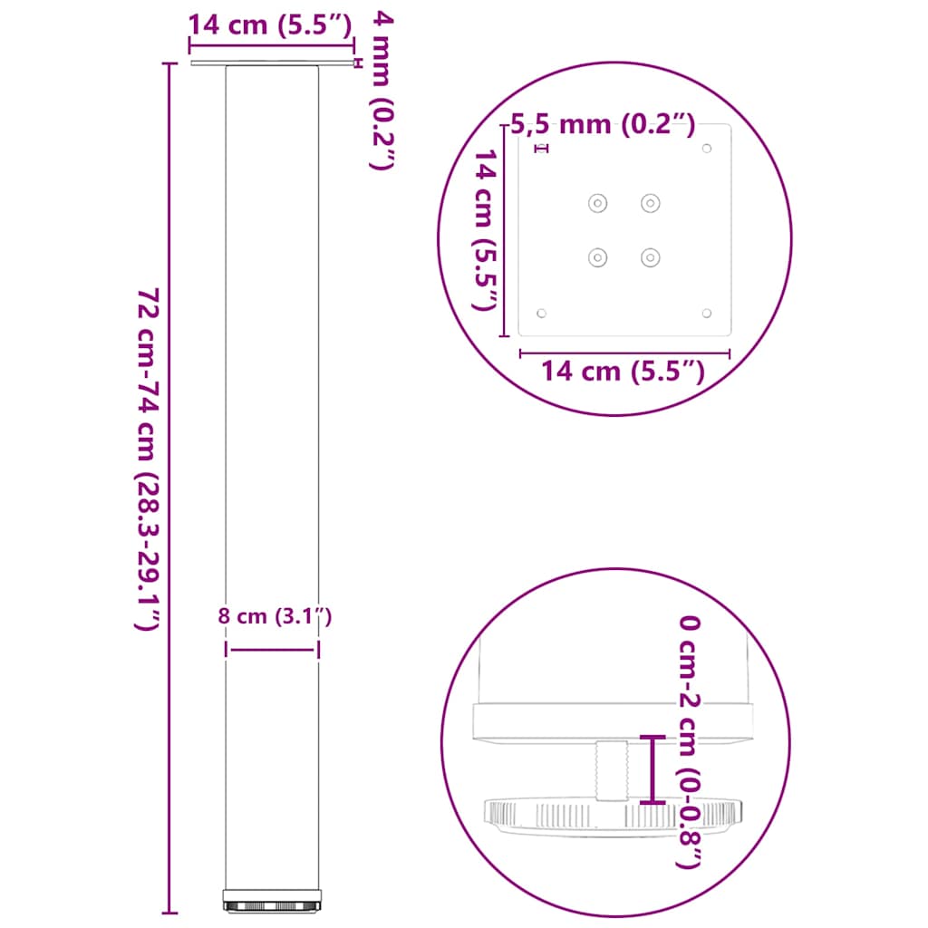 Pieds de table basse acier naturel 4 pcs 72-74 cm acier Pieds de table vidaXL