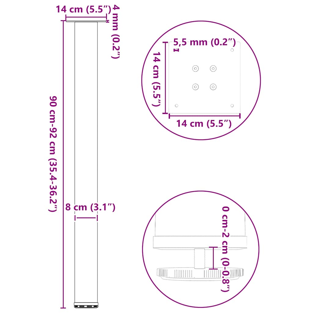 Pieds de table basse acier naturel 4 pcs 90-92 cm acier Pieds de table vidaXL